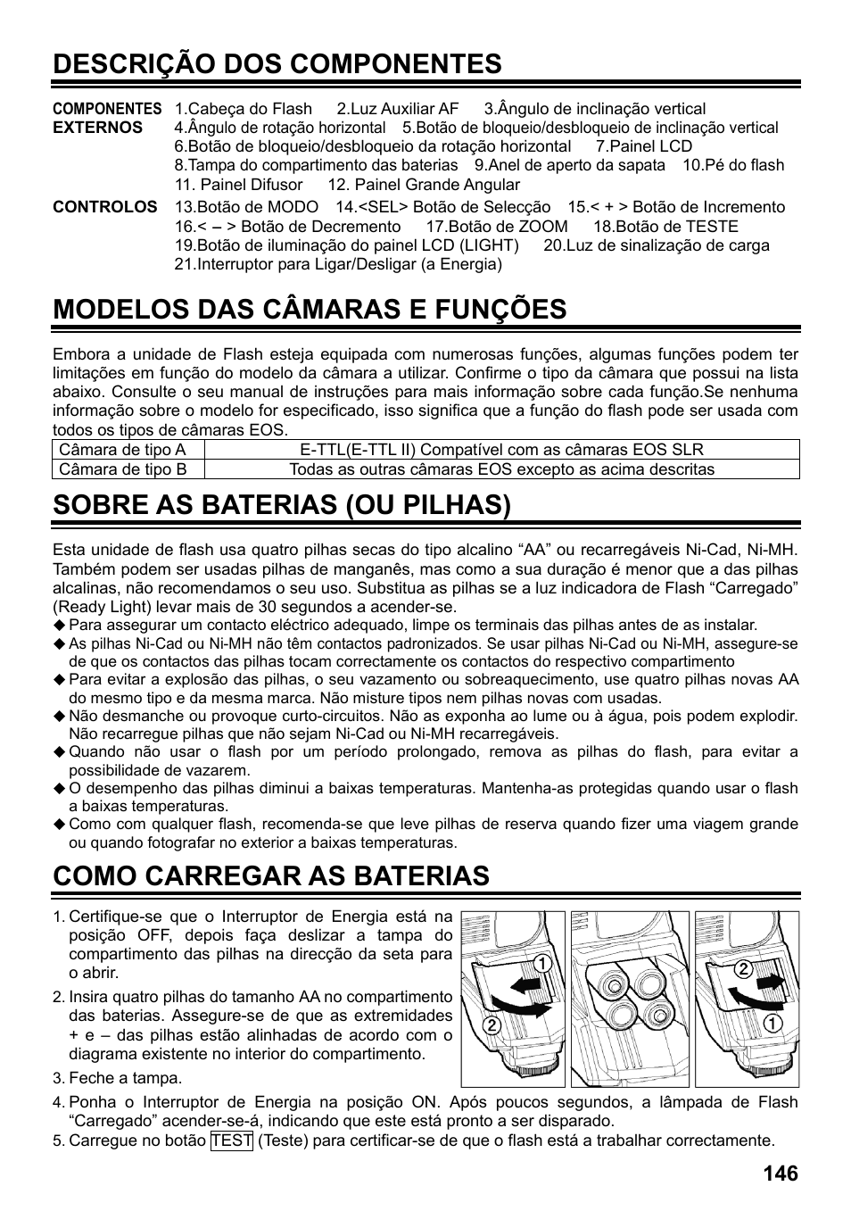 Descrição dos componentes, Modelos das câmaras e funções, Sobre as baterias (ou pilhas) | Como carregar as baterias | SIGMA ELECTRONIC FLASH EF-610 DG SUPER EO-ETTL II (キヤノン用) User Manual | Page 147 / 160