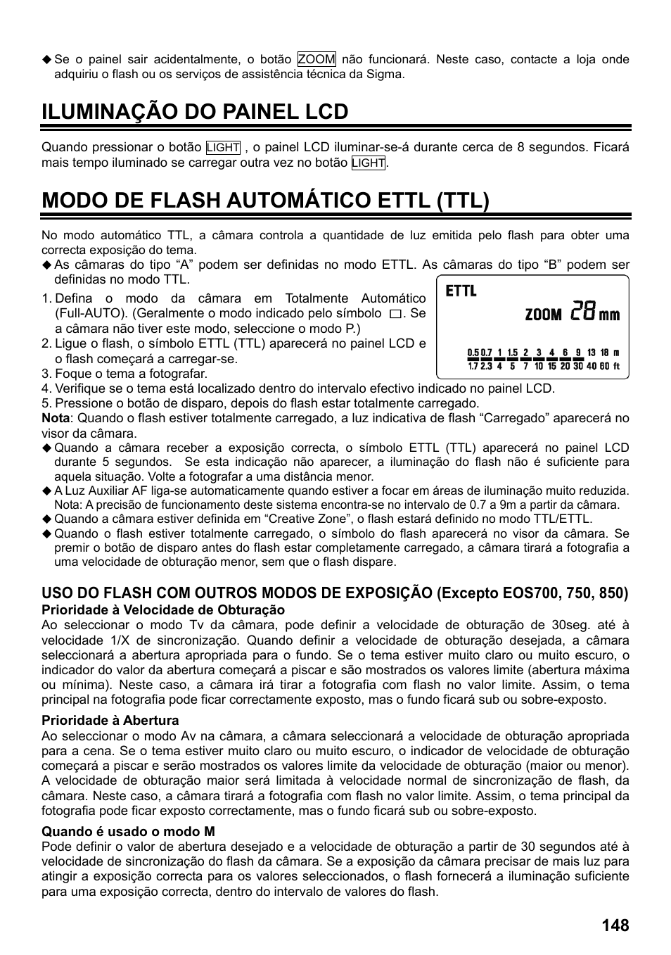 Iluminação do painel lcd, Modo de flash automático ettl (ttl) | SIGMA ELECTRONIC FLASH EF-610 DG SUPER EO-ETTL II (キヤノン用) User Manual | Page 149 / 160