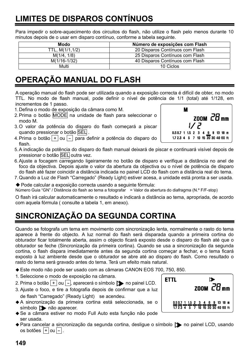 Limites de disparos contínuos, Operação manual do flash, Sincronização da segunda cortina | SIGMA ELECTRONIC FLASH EF-610 DG SUPER EO-ETTL II (キヤノン用) User Manual | Page 150 / 160