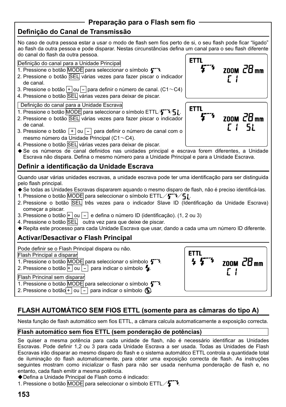 Preparação para o flash sem fio, Definição do canal de transmissão, Definir a identificação da unidade escrava | Activar/desactivar o flash principal | SIGMA ELECTRONIC FLASH EF-610 DG SUPER EO-ETTL II (キヤノン用) User Manual | Page 154 / 160