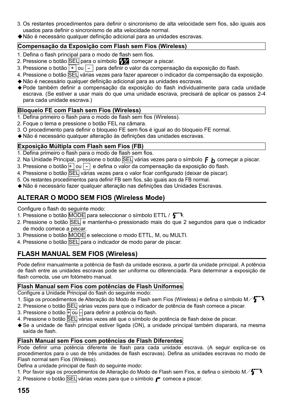 Alterar o modo sem fios (wireless mode), Flash manual sem fios (wireless) | SIGMA ELECTRONIC FLASH EF-610 DG SUPER EO-ETTL II (キヤノン用) User Manual | Page 156 / 160