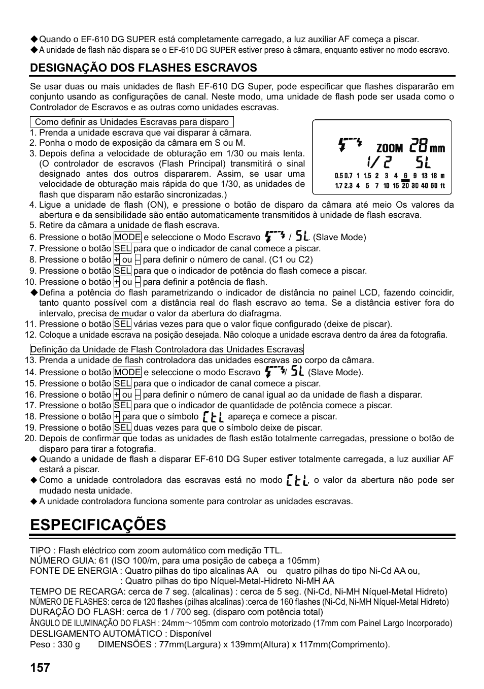 Especificações, Designação dos flashes escravos | SIGMA ELECTRONIC FLASH EF-610 DG SUPER EO-ETTL II (キヤノン用) User Manual | Page 158 / 160