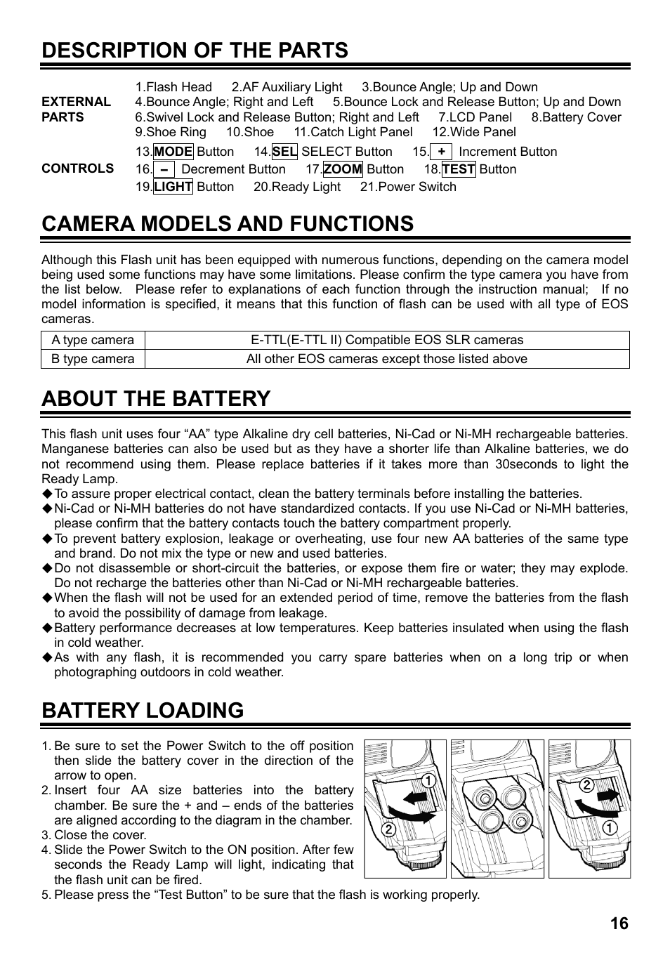 Description of the parts, Camera models and functions, About the battery | Battery loading | SIGMA ELECTRONIC FLASH EF-610 DG SUPER EO-ETTL II (キヤノン用) User Manual | Page 17 / 160