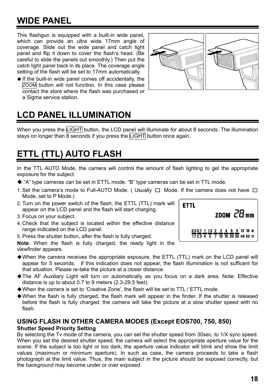 Wide panel, Lcd panel illumination, Ettl (ttl) auto flash | SIGMA ELECTRONIC FLASH EF-610 DG SUPER EO-ETTL II (キヤノン用) User Manual | Page 19 / 160