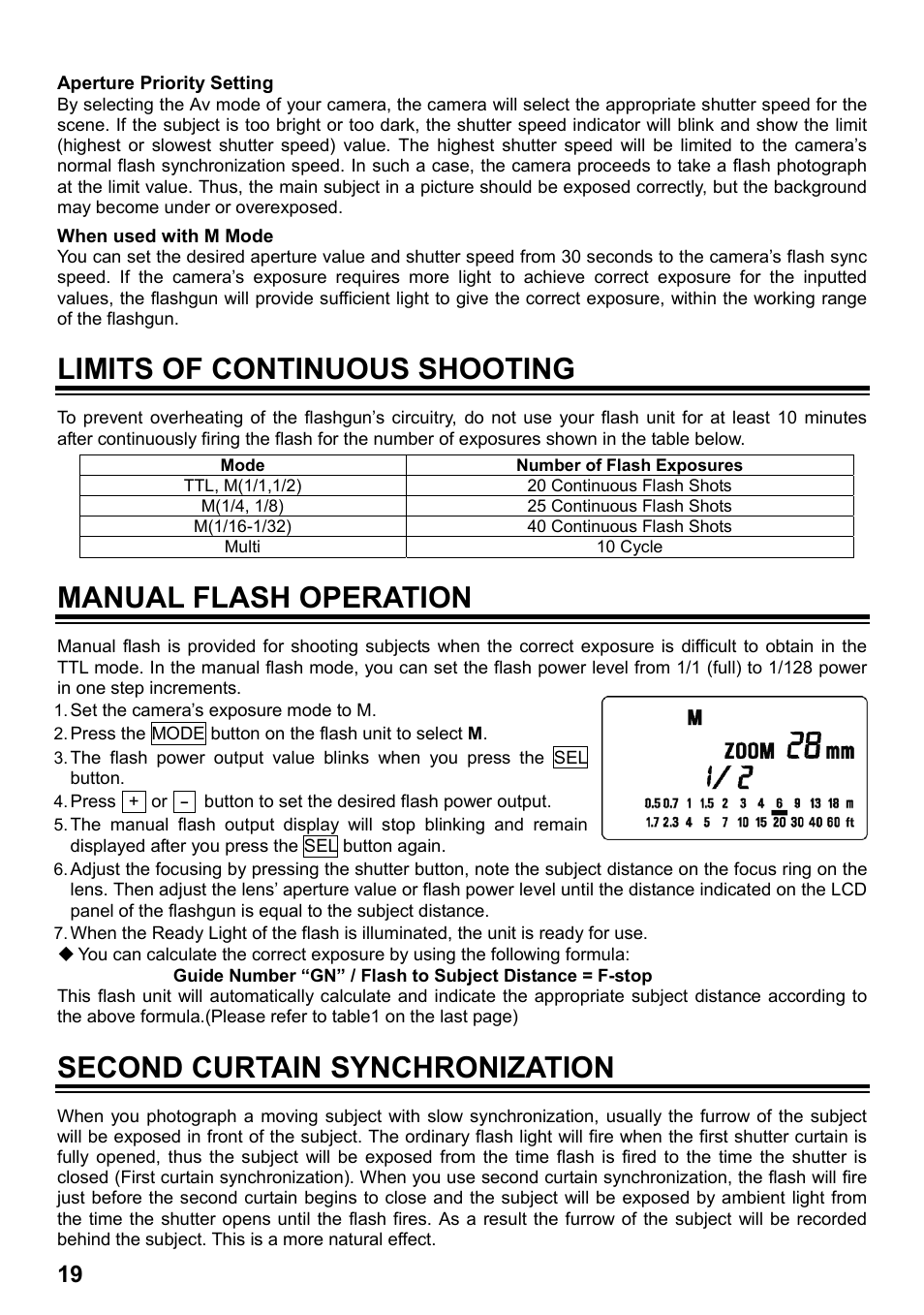 Limits of continuous shooting, Manual flash operation, Second curtain synchronization | SIGMA ELECTRONIC FLASH EF-610 DG SUPER EO-ETTL II (キヤノン用) User Manual | Page 20 / 160