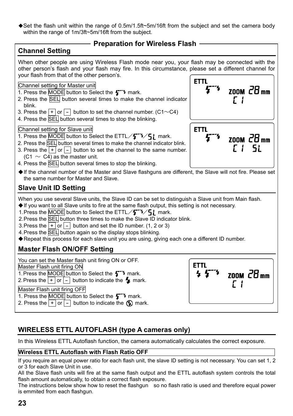 Preparation for wireless flash, Channel setting, Slave unit id setting | Master flash on/off setting, Wireless ettl autoflash (type a cameras only) | SIGMA ELECTRONIC FLASH EF-610 DG SUPER EO-ETTL II (キヤノン用) User Manual | Page 24 / 160