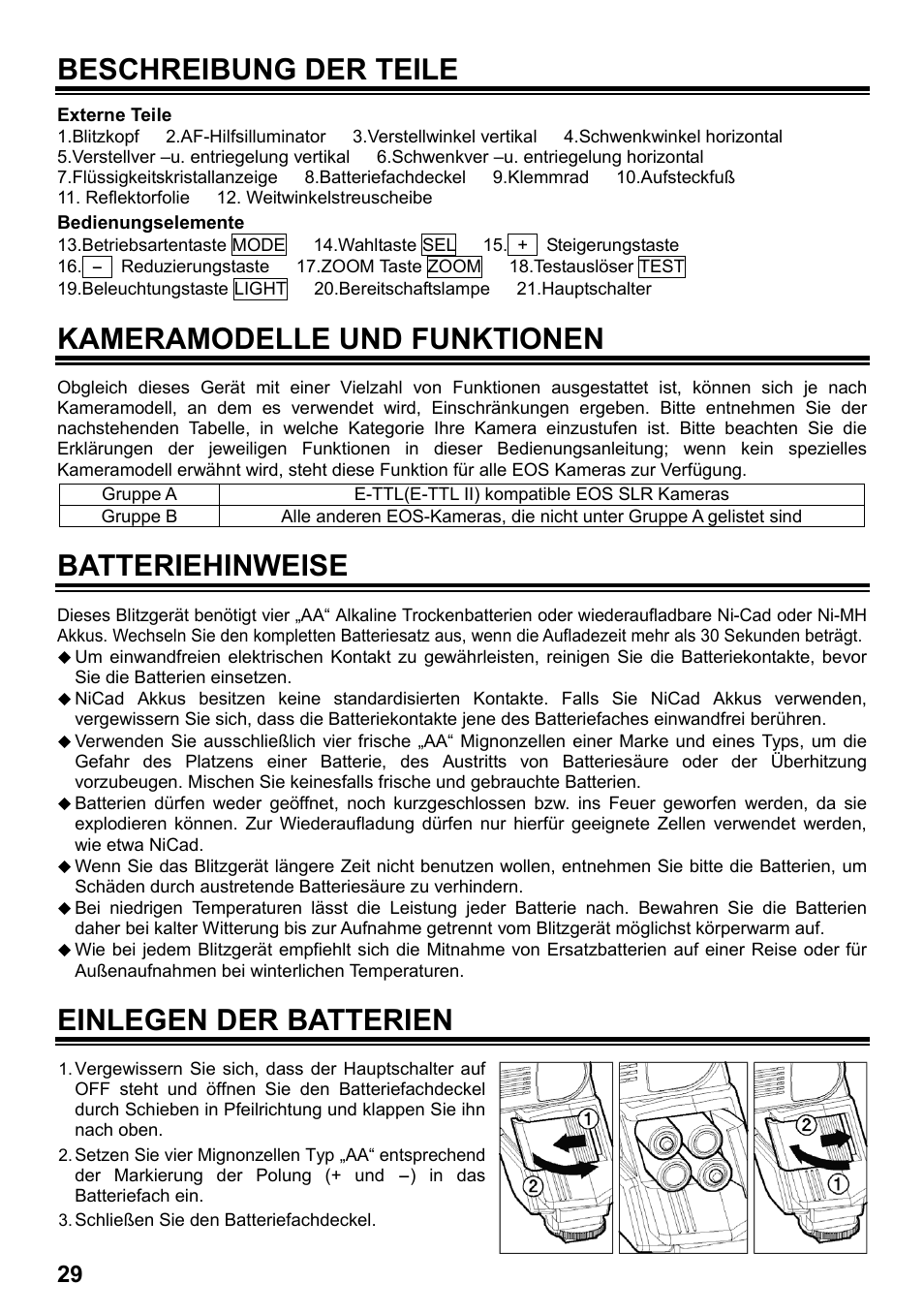 Beschreibung der teile, Kameramodelle und funktionen, Batteriehinweise | Einlegen der batterien | SIGMA ELECTRONIC FLASH EF-610 DG SUPER EO-ETTL II (キヤノン用) User Manual | Page 30 / 160