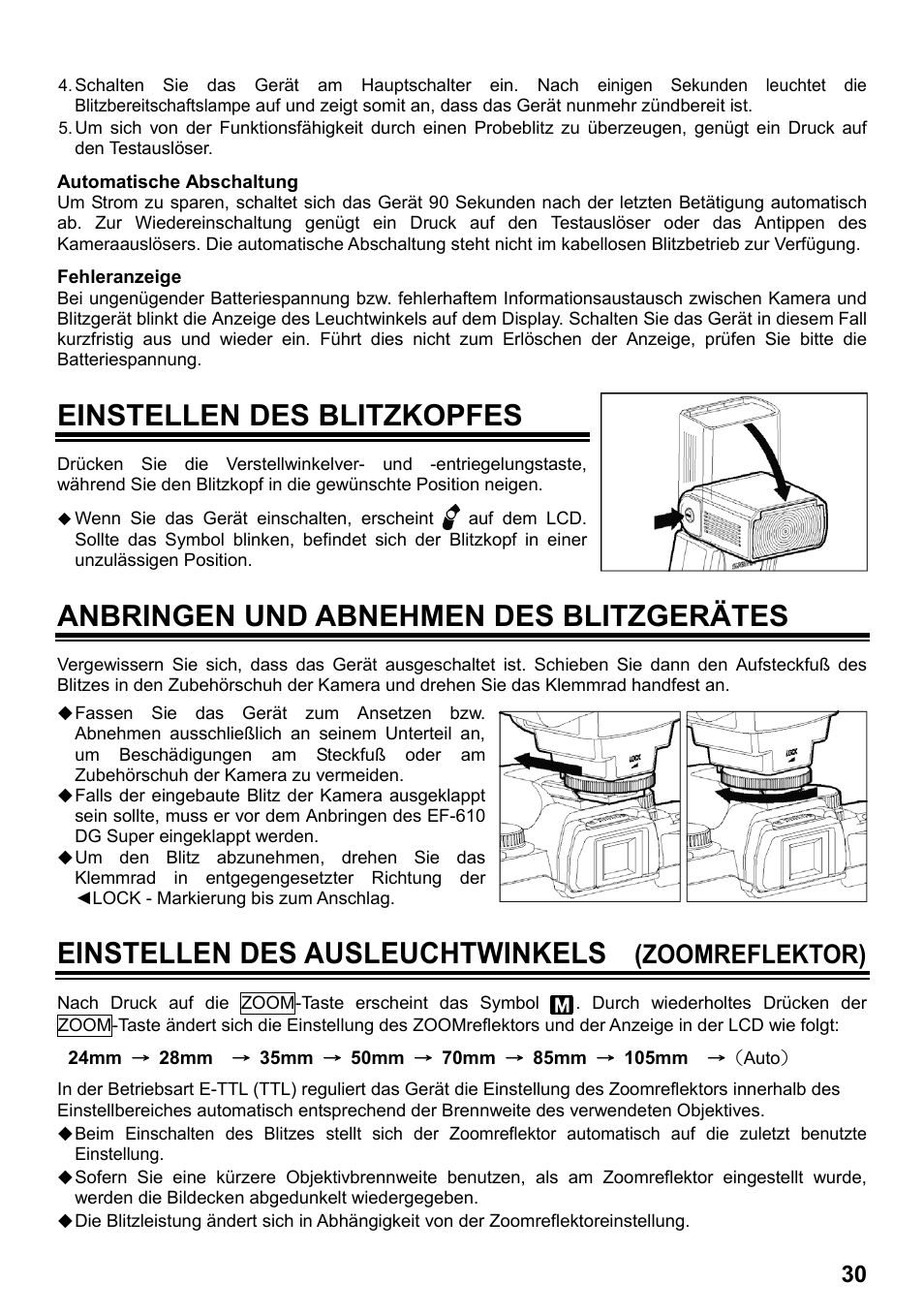 Einstellen des blitzkopfes, Anbringen und abnehmen des blitzgerätes, Einstellen des ausleuchtwinkels | Zoomreflektor) | SIGMA ELECTRONIC FLASH EF-610 DG SUPER EO-ETTL II (キヤノン用) User Manual | Page 31 / 160