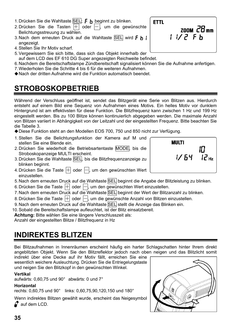 Stroboskopbetrieb, Indirektes blitzen | SIGMA ELECTRONIC FLASH EF-610 DG SUPER EO-ETTL II (キヤノン用) User Manual | Page 36 / 160