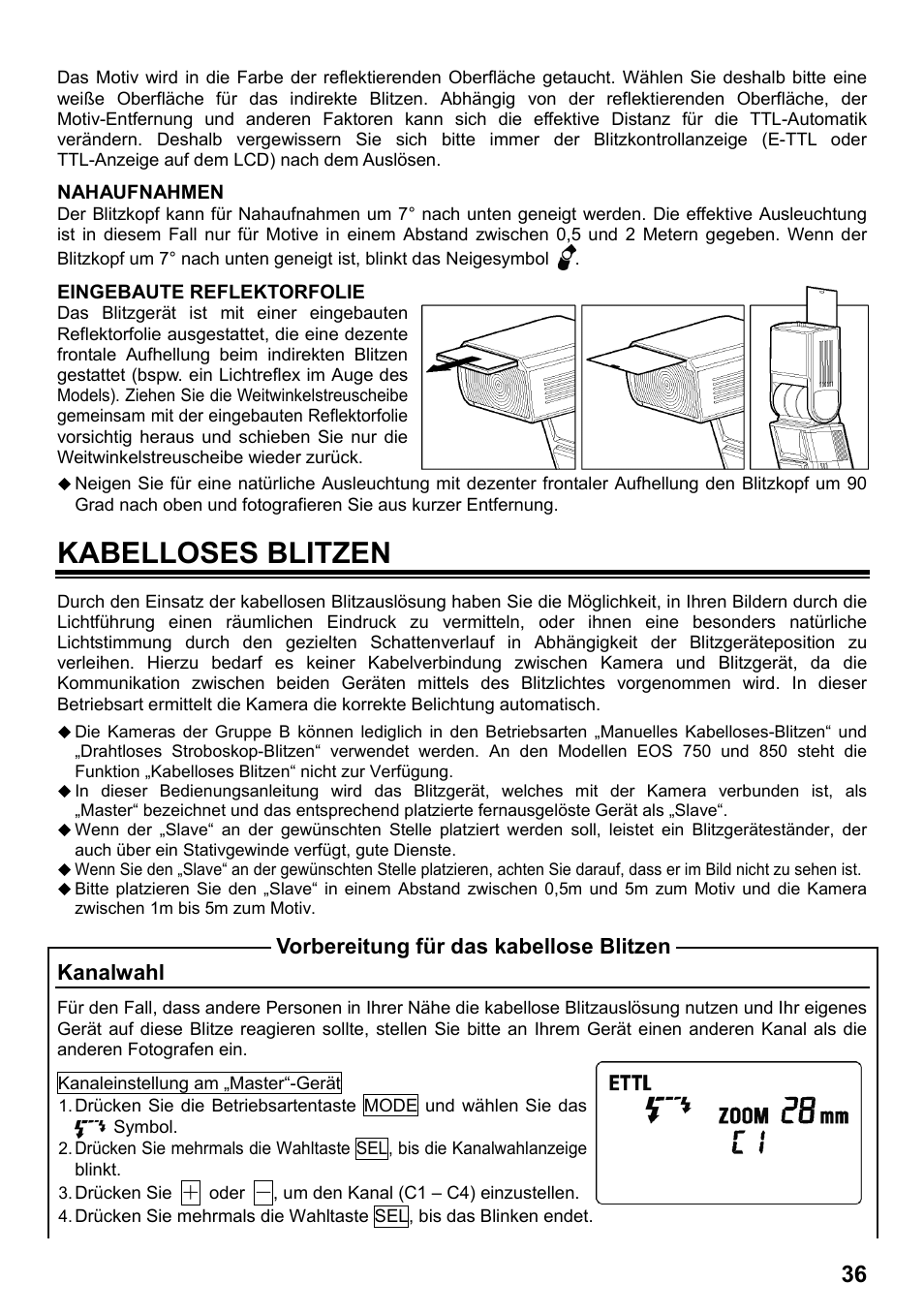 Kabelloses blitzen, Kanalwahl, Vorbereitung für das kabellose blitzen | SIGMA ELECTRONIC FLASH EF-610 DG SUPER EO-ETTL II (キヤノン用) User Manual | Page 37 / 160