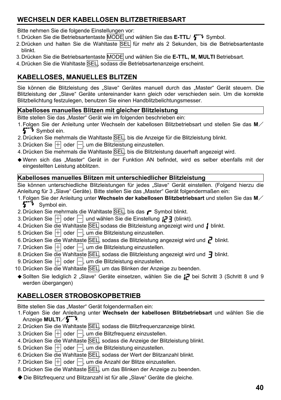 Wechseln der kabellosen blitzbetriebsart, Kabelloses, manuelles blitzen, Kabelloser stroboskopbetrieb | SIGMA ELECTRONIC FLASH EF-610 DG SUPER EO-ETTL II (キヤノン用) User Manual | Page 41 / 160