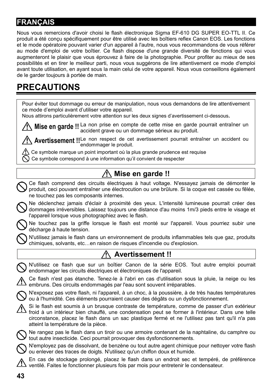 Precautions, Français, Mise en garde | Avertissement | SIGMA ELECTRONIC FLASH EF-610 DG SUPER EO-ETTL II (キヤノン用) User Manual | Page 44 / 160