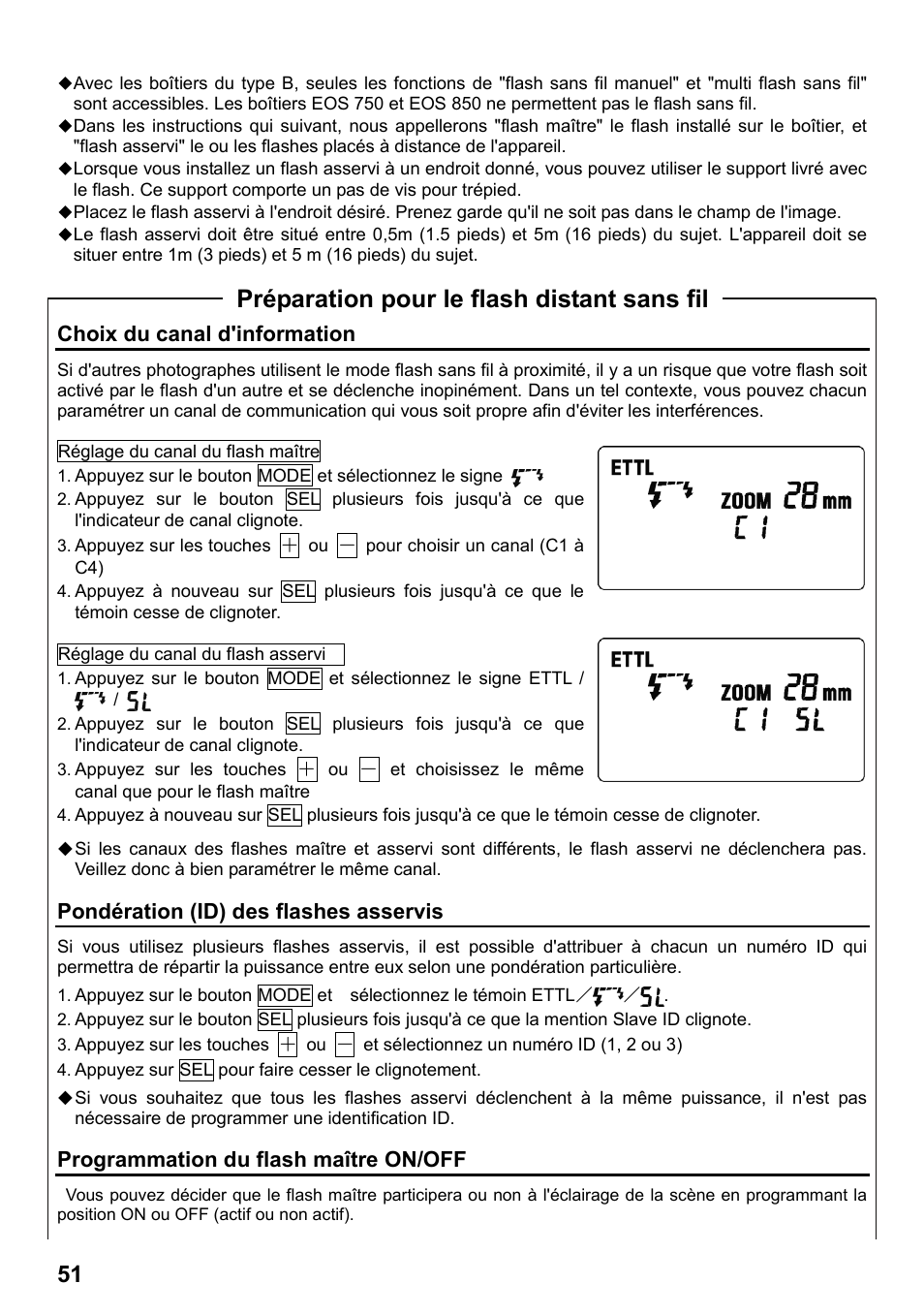 Préparation pour le flash distant sans fil, Choix du canal d'information, Pondération (id) des flashes asservis | Programmation du flash maître on/off | SIGMA ELECTRONIC FLASH EF-610 DG SUPER EO-ETTL II (キヤノン用) User Manual | Page 52 / 160