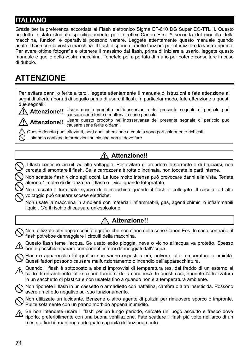 Attenzione, Italiano | SIGMA ELECTRONIC FLASH EF-610 DG SUPER EO-ETTL II (キヤノン用) User Manual | Page 72 / 160