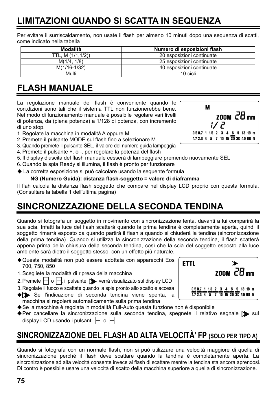 Limitazioni quando si scatta in sequenza, Flash manuale, Sincronizzazione della seconda tendina | Sincronizzazione del flash ad alta velocità’ fp | SIGMA ELECTRONIC FLASH EF-610 DG SUPER EO-ETTL II (キヤノン用) User Manual | Page 76 / 160