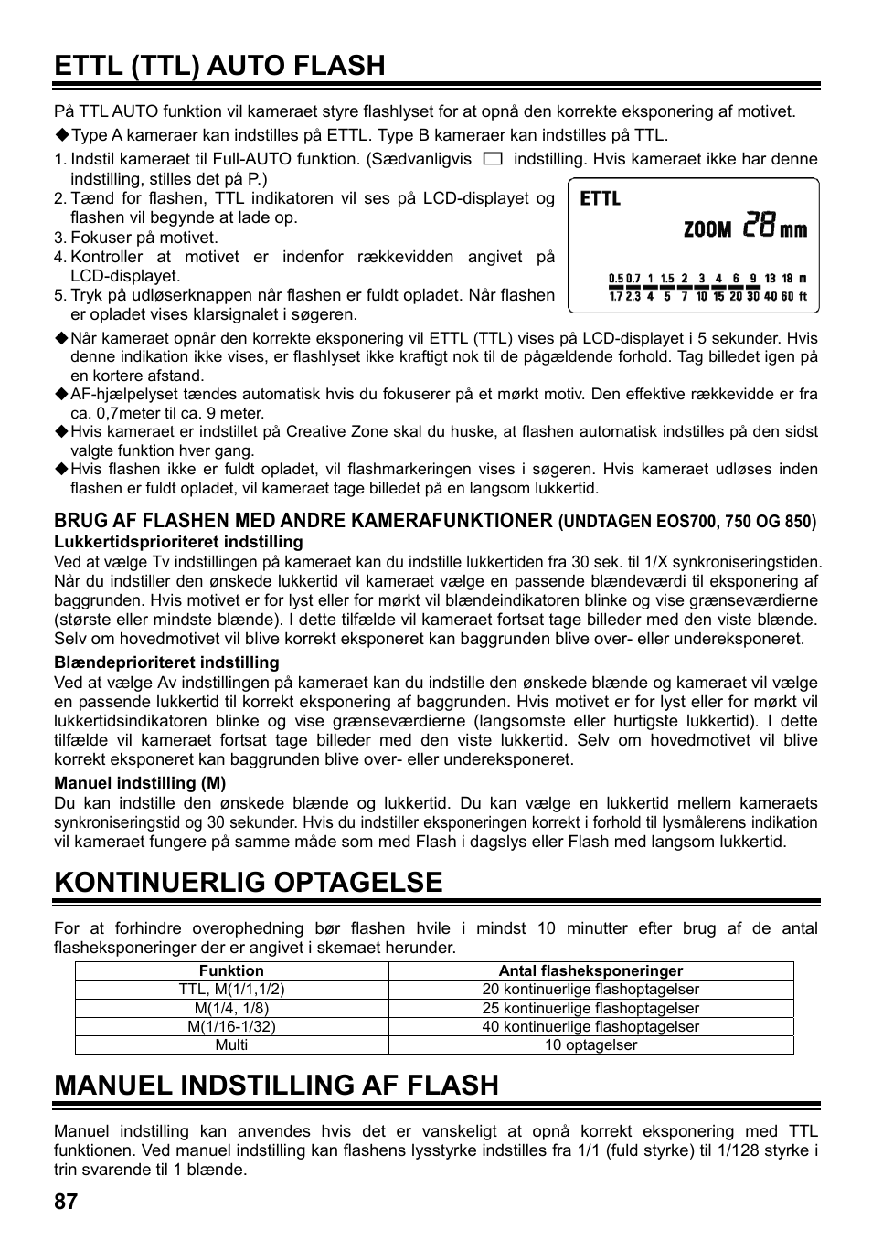 Ettl (ttl) auto flash, Kontinuerlig optagelse, Manuel indstilling af flash | Brug af flashen med andre kamerafunktioner | SIGMA ELECTRONIC FLASH EF-610 DG SUPER EO-ETTL II (キヤノン用) User Manual | Page 88 / 160