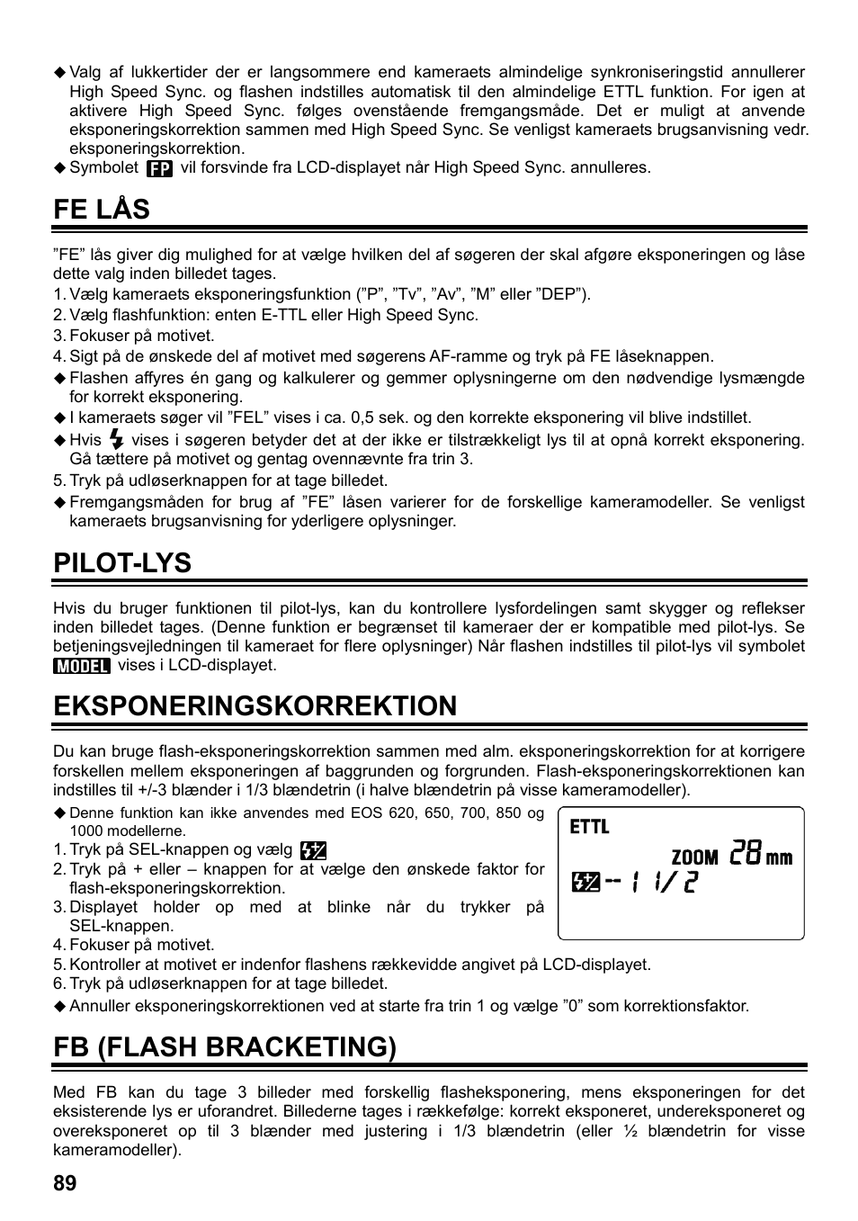 Fe lås, Pilot-lys, Eksponeringskorrektion | Fb (flash bracketing) | SIGMA ELECTRONIC FLASH EF-610 DG SUPER EO-ETTL II (キヤノン用) User Manual | Page 90 / 160