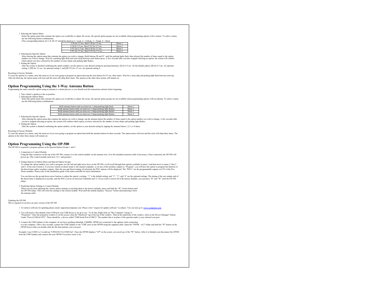 Option programming using the 1-way antenna button, Option programming using the op-500 | CompuSTAR CM4200DX User Manual | Page 4 / 4