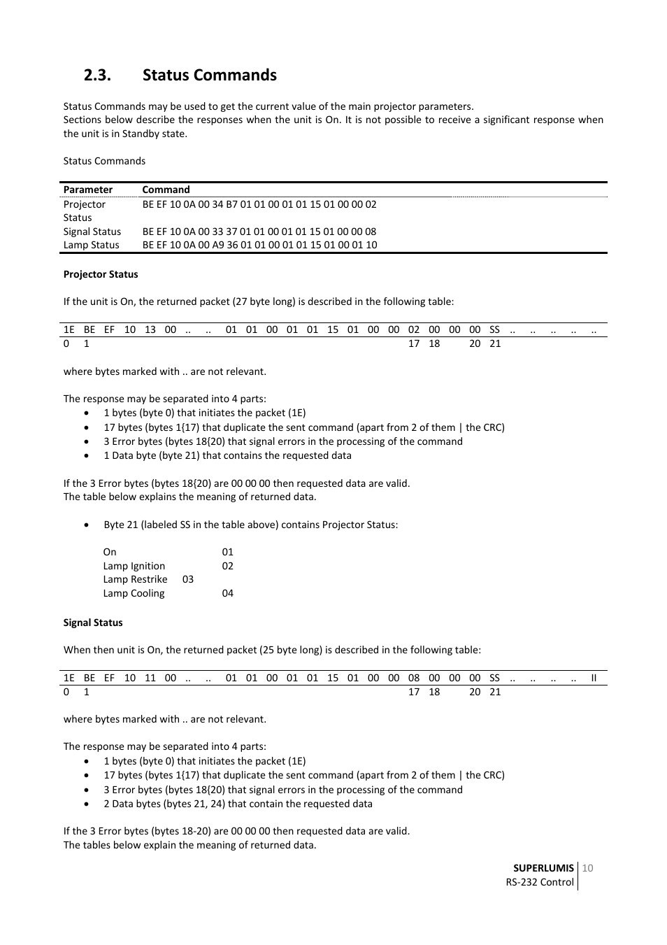 Status commands | Sim2 RS‐232 Control User Manual | Page 10 / 14