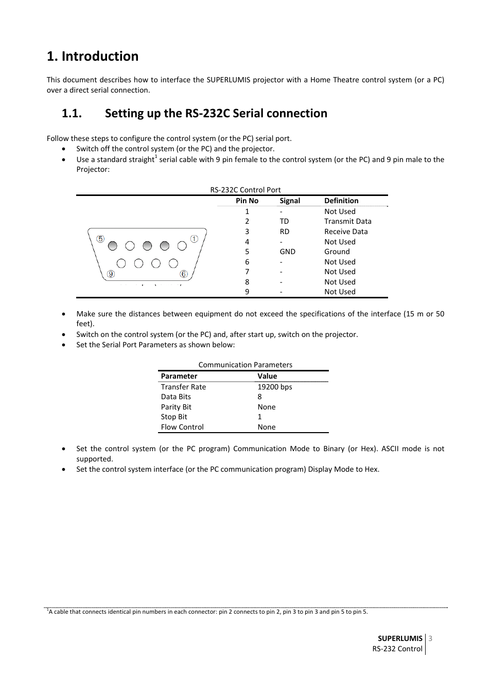Introduction, Setting up the rs‐232c serial connection | Sim2 RS‐232 Control User Manual | Page 3 / 14