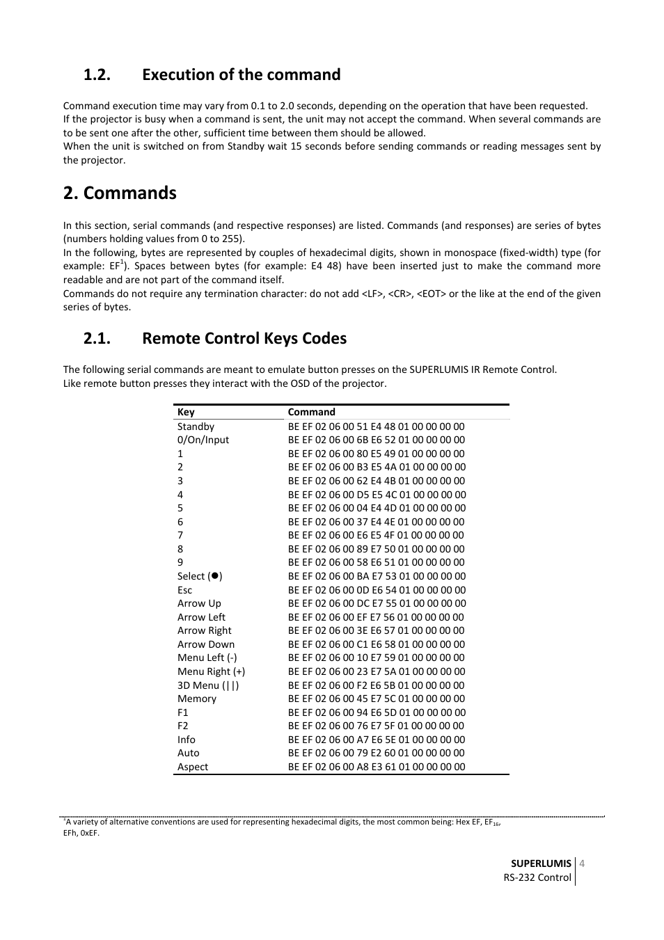 Commands, Execution of the command, Remote control keys codes | Sim2 RS‐232 Control User Manual | Page 4 / 14