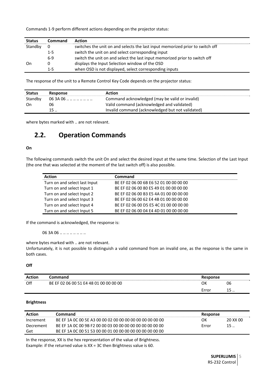 Operation commands | Sim2 RS‐232 Control User Manual | Page 5 / 14