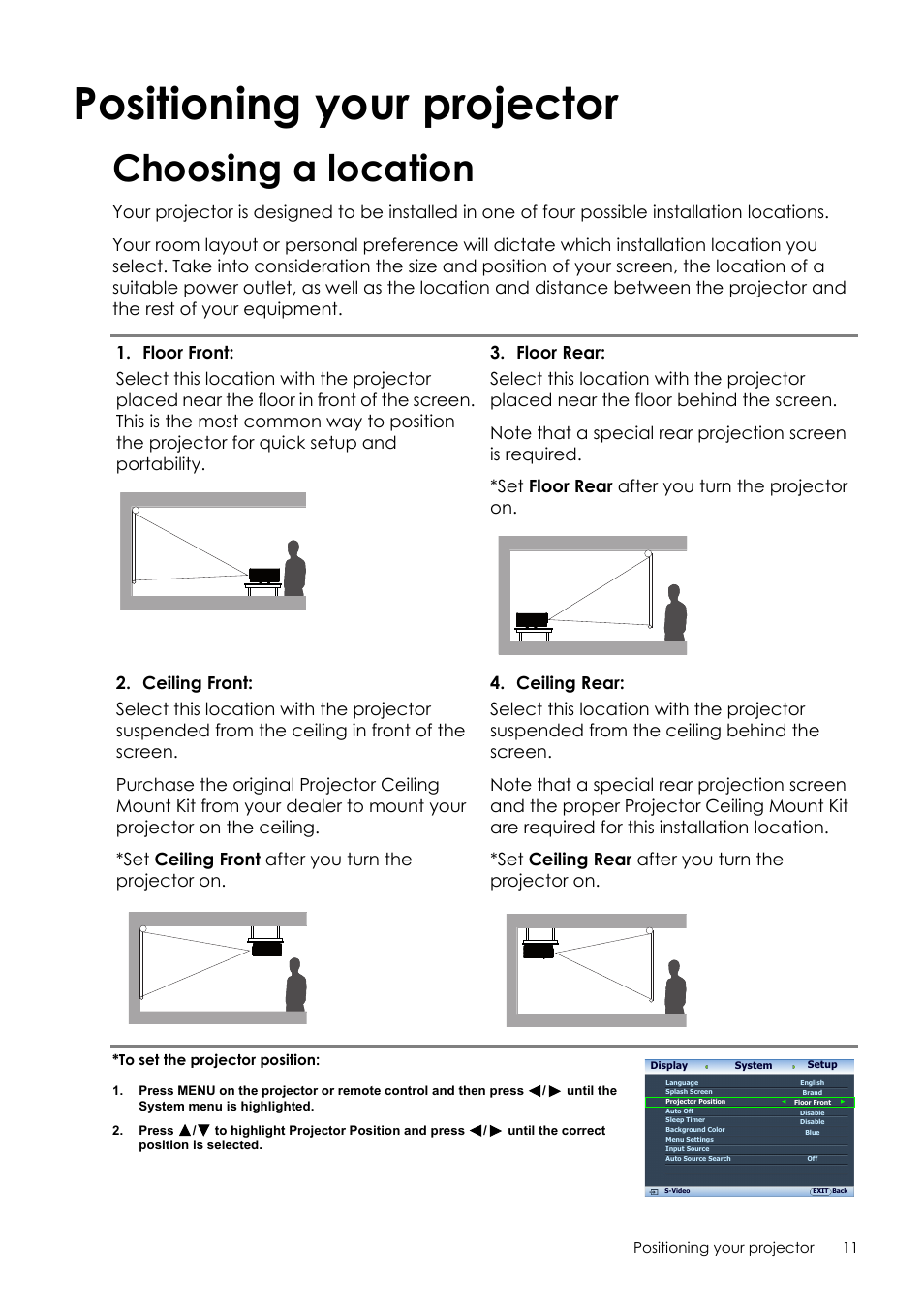 Positioning your projector, Choosing a location, Positioning your projector.11 | Sim2 Crystal User Manual | Page 11 / 51