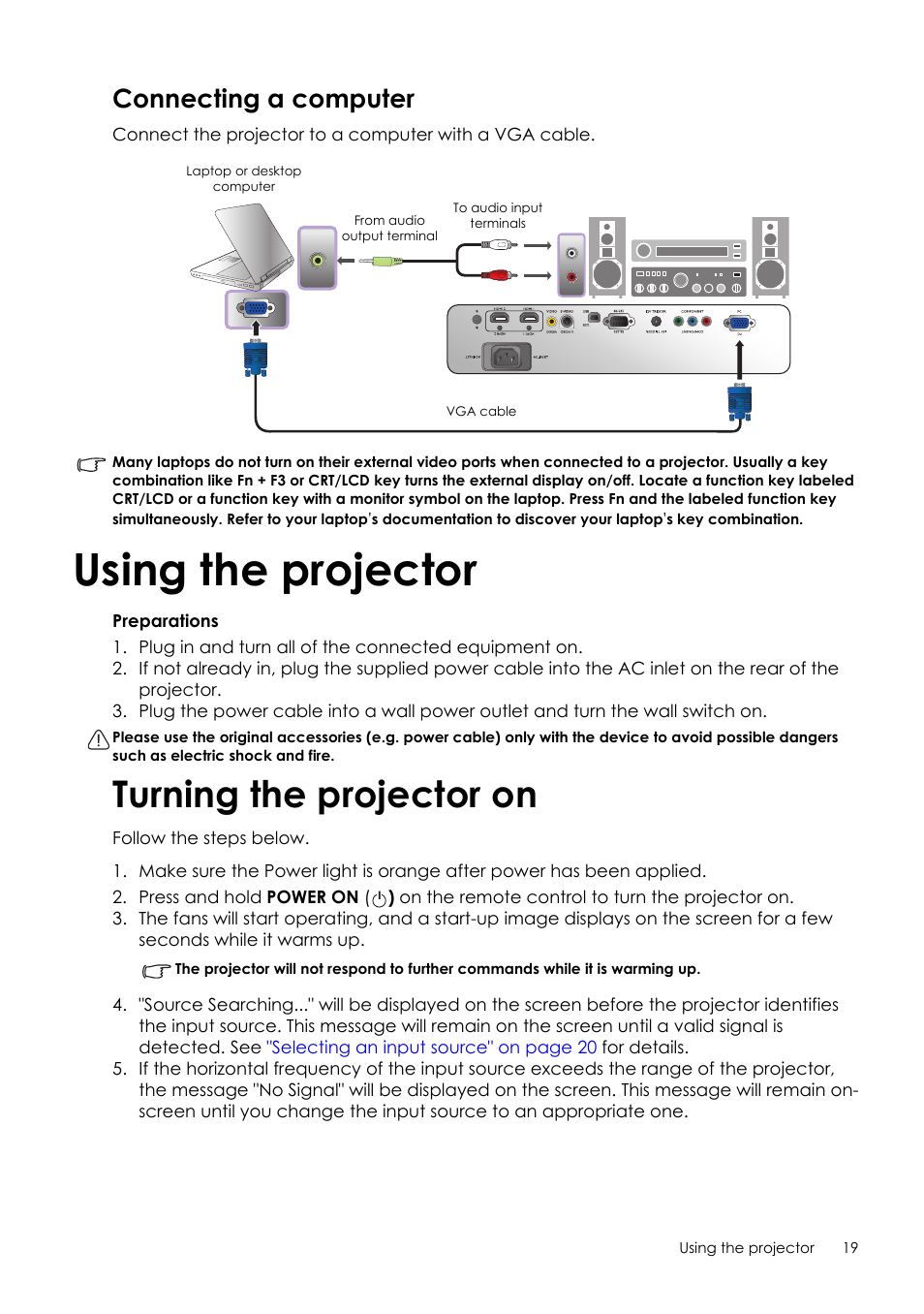 Connecting a computer, Using the projector, Turning the projector on | Sim2 Crystal User Manual | Page 19 / 51
