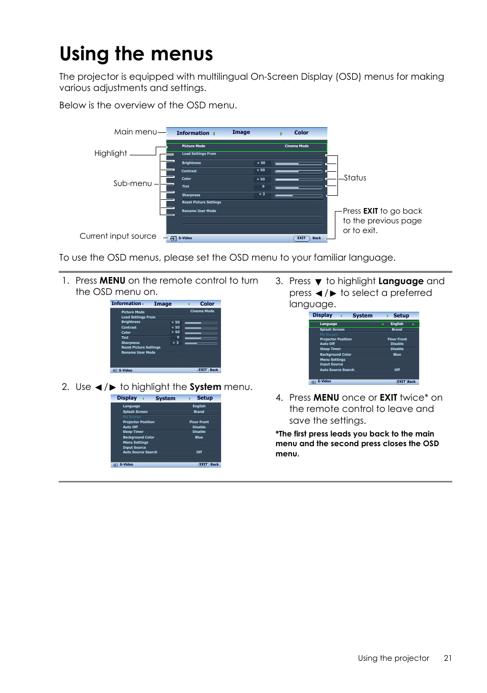 Using the menus, 21 using the projector | Sim2 Crystal User Manual | Page 21 / 51