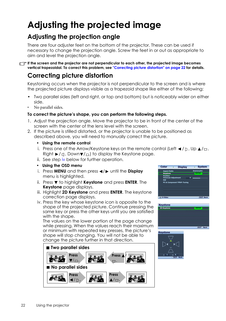 Adjusting the projected image, Adjusting the projection angle, Correcting picture distortion | Adjusting the projected image 22, Correcting, Two parallel sides no parallel sides | Sim2 Crystal User Manual | Page 22 / 51