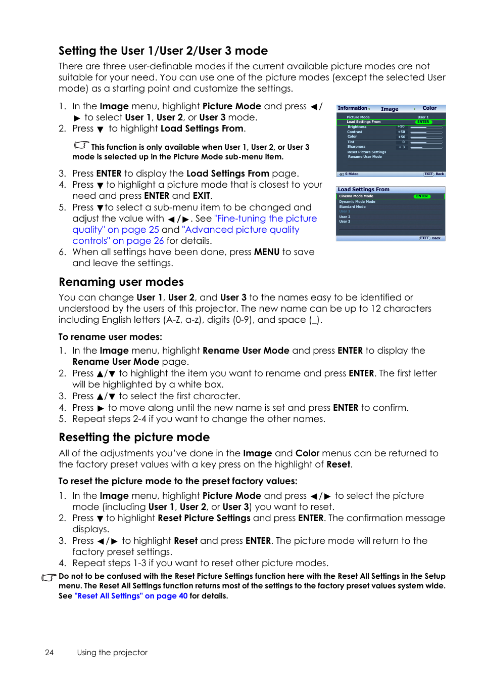 Setting the user 1/user 2, Setting the user 1/user 2/user 3 mode, Renaming user modes | Resetting the picture mode | Sim2 Crystal User Manual | Page 24 / 51