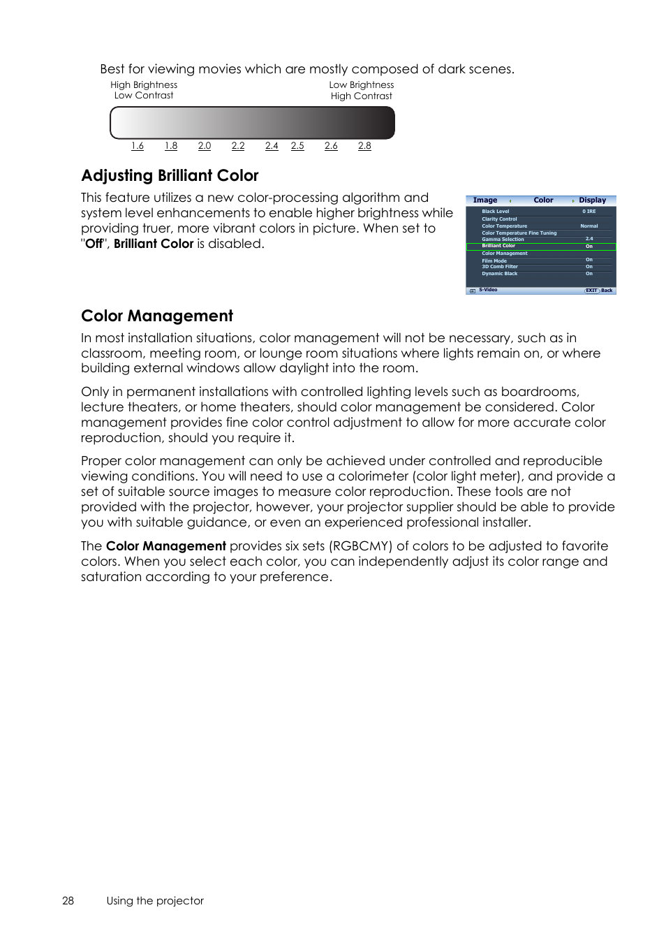 Adjusting brilliant color, Color management | Sim2 Crystal User Manual | Page 28 / 51