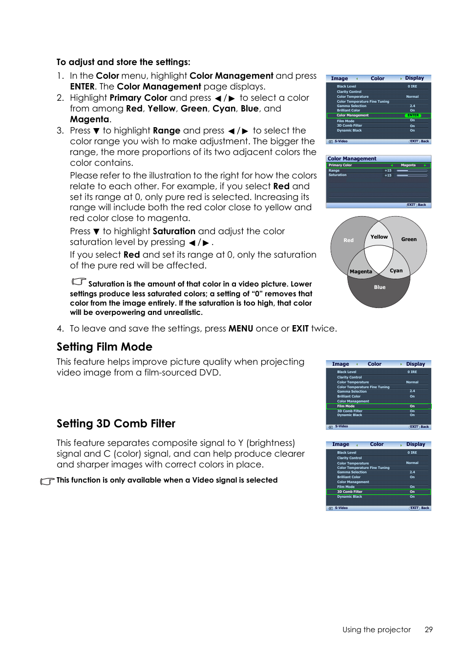 Setting film mode, Setting 3d comb filter, 29 using the projector | Sim2 Crystal User Manual | Page 29 / 51