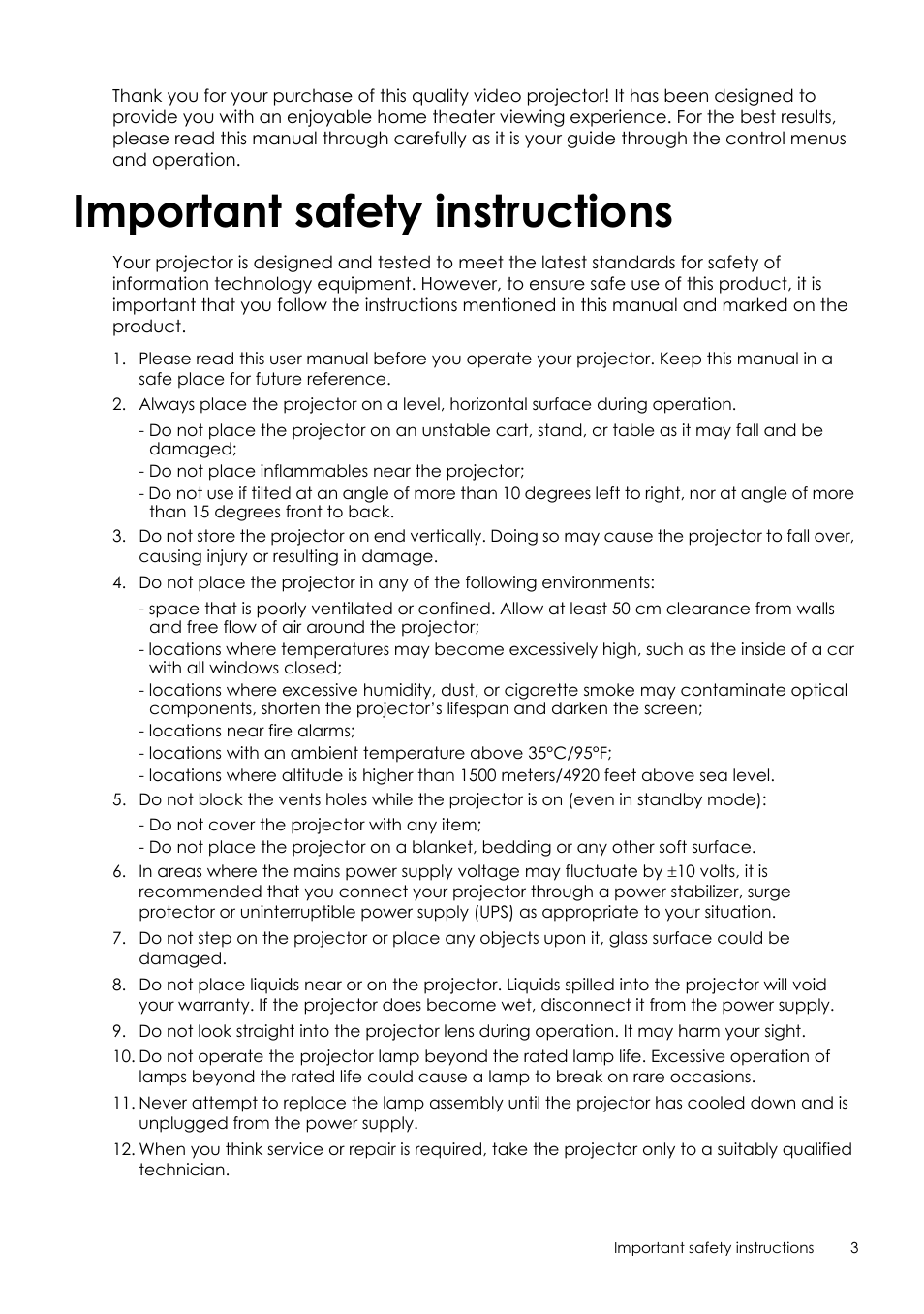 Important safety instructions | Sim2 Crystal User Manual | Page 3 / 51