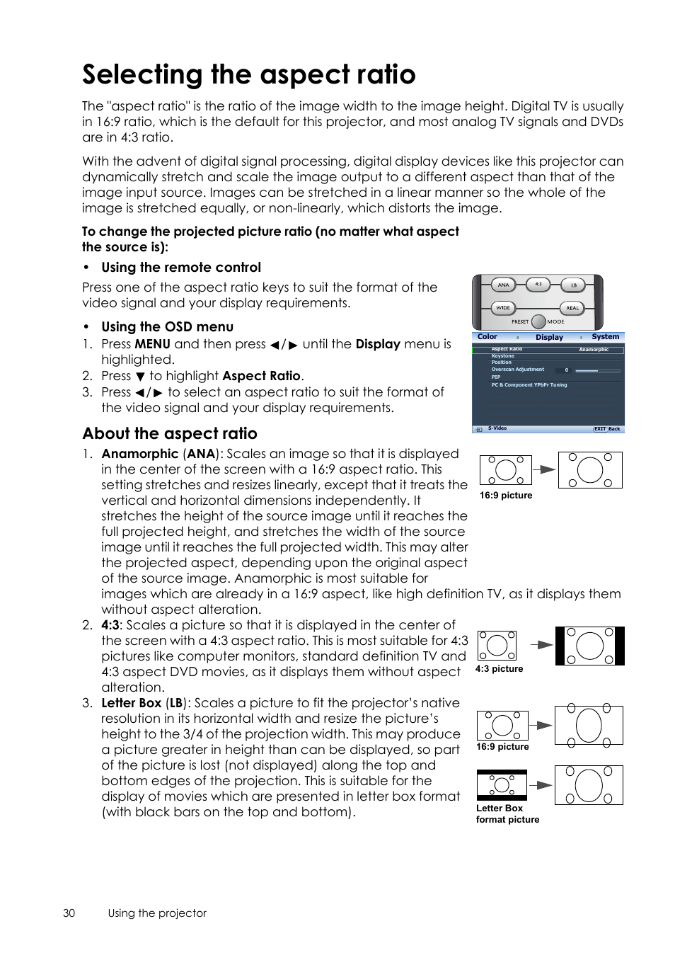 Selecting the aspect ratio, About the aspect ratio | Sim2 Crystal User Manual | Page 30 / 51