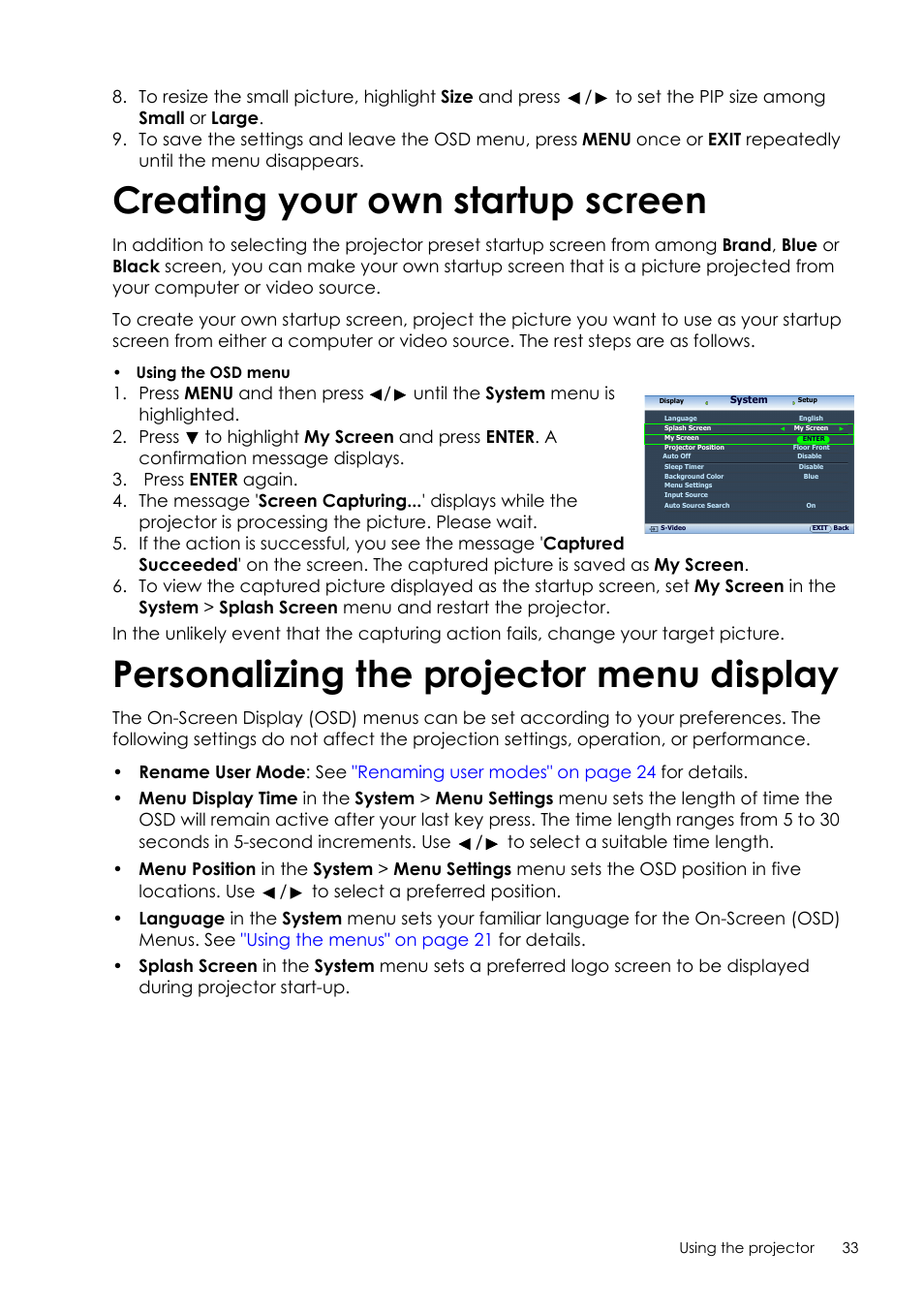 Creating your own startup screen, Personalizing the projector menu display, Display | Sim2 Crystal User Manual | Page 33 / 51