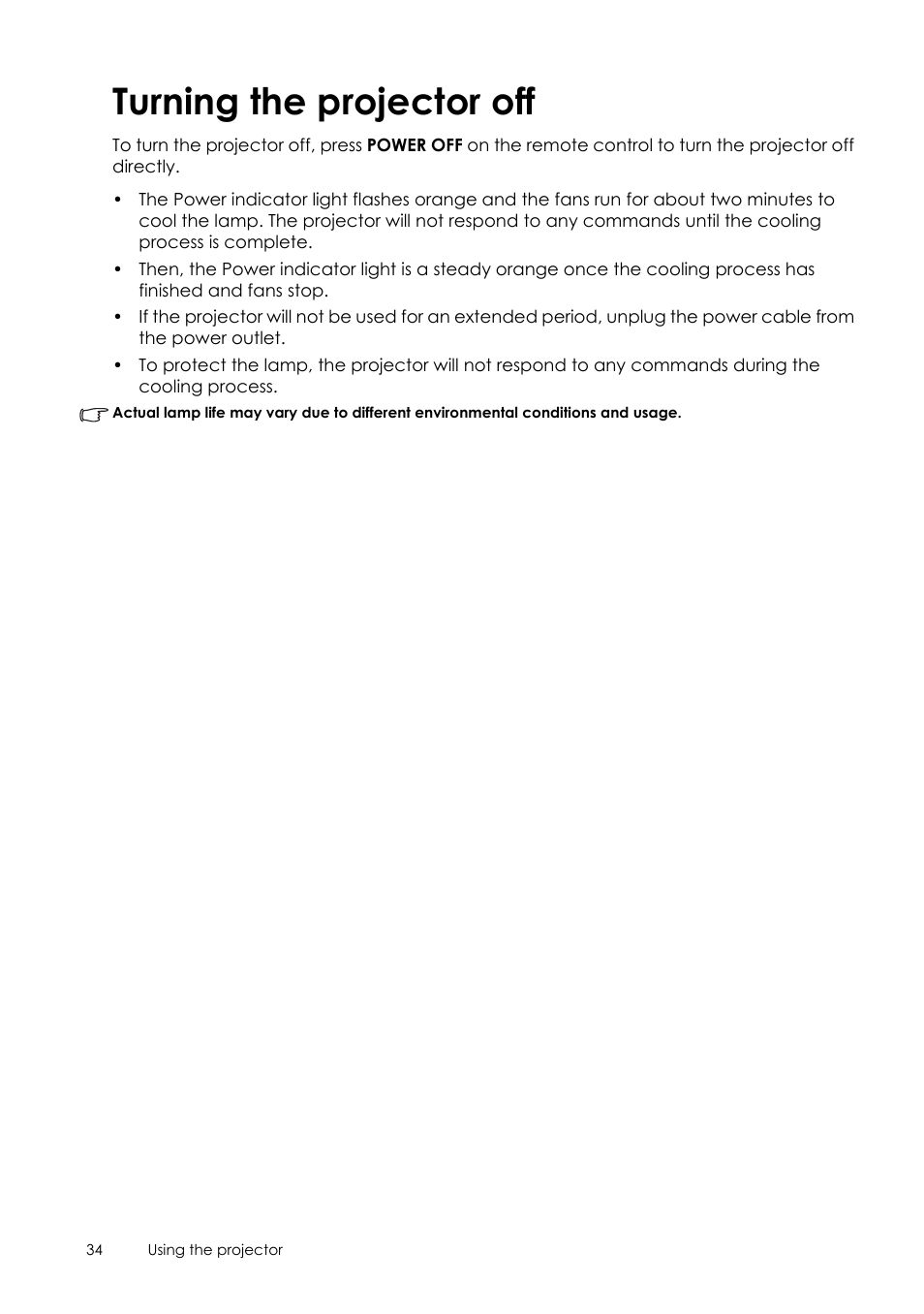 Turning the projector off, Turning | Sim2 Crystal User Manual | Page 34 / 51