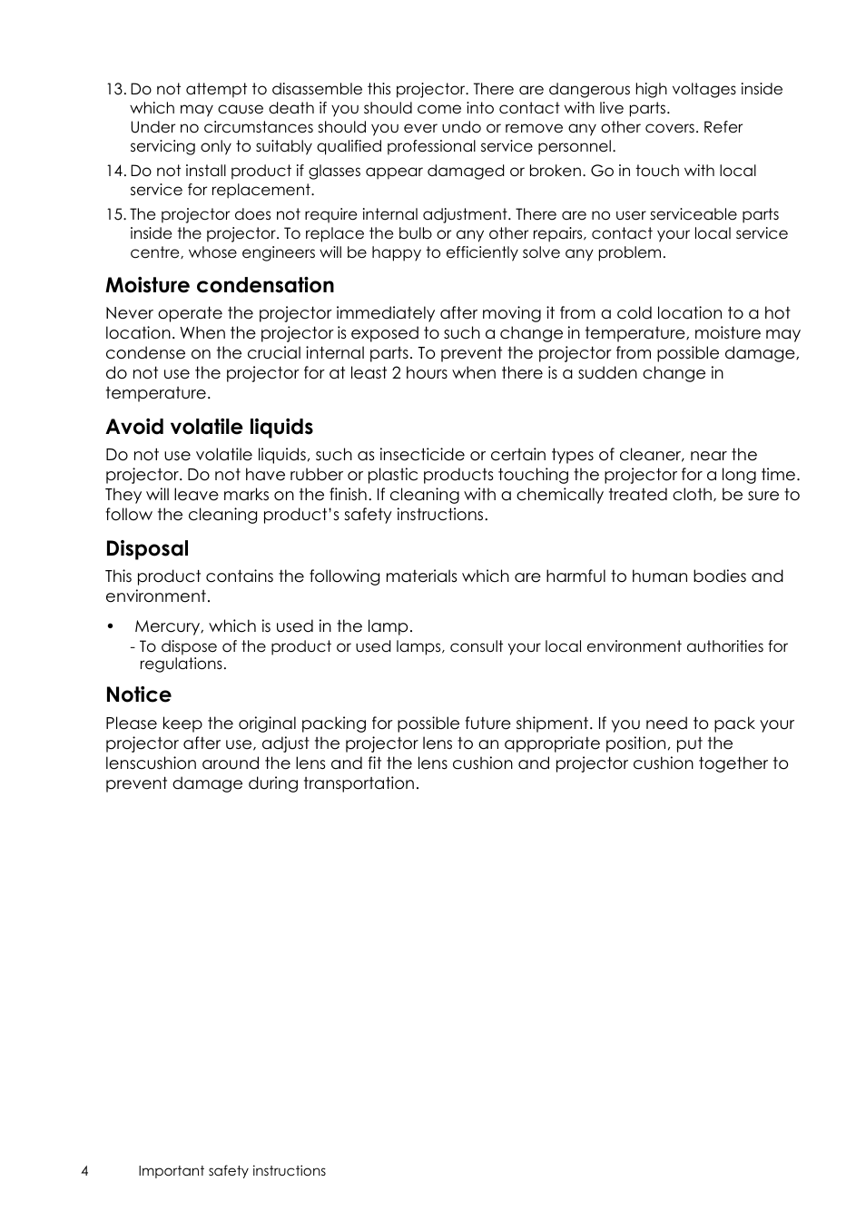 Moisture condensation, Avoid volatile liquids, Disposal | Notice | Sim2 Crystal User Manual | Page 4 / 51