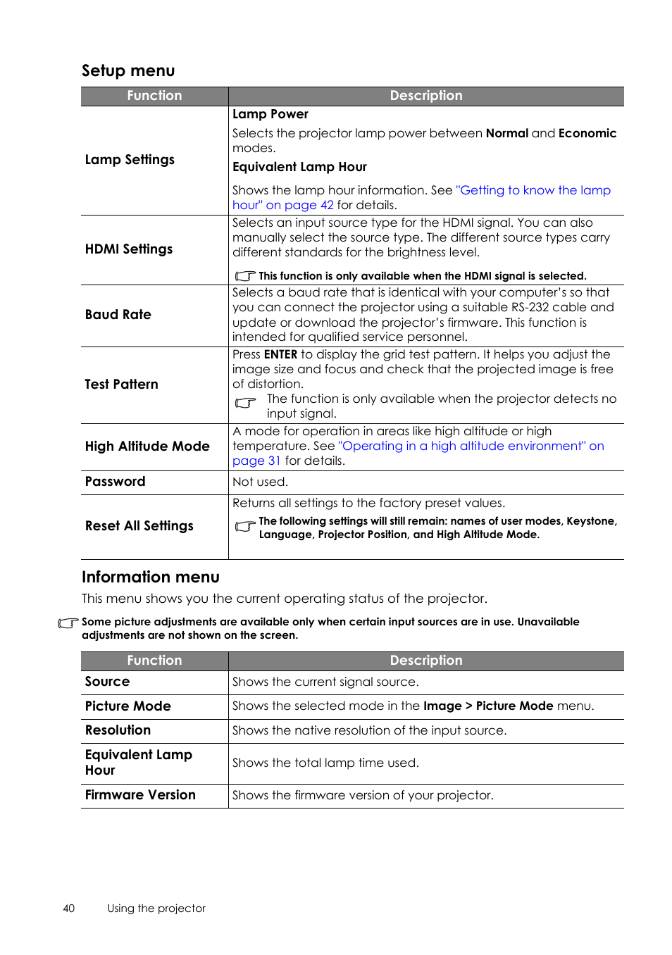 Al, see, Hdmi settings" on, Setup menu information menu | Sim2 Crystal User Manual | Page 40 / 51