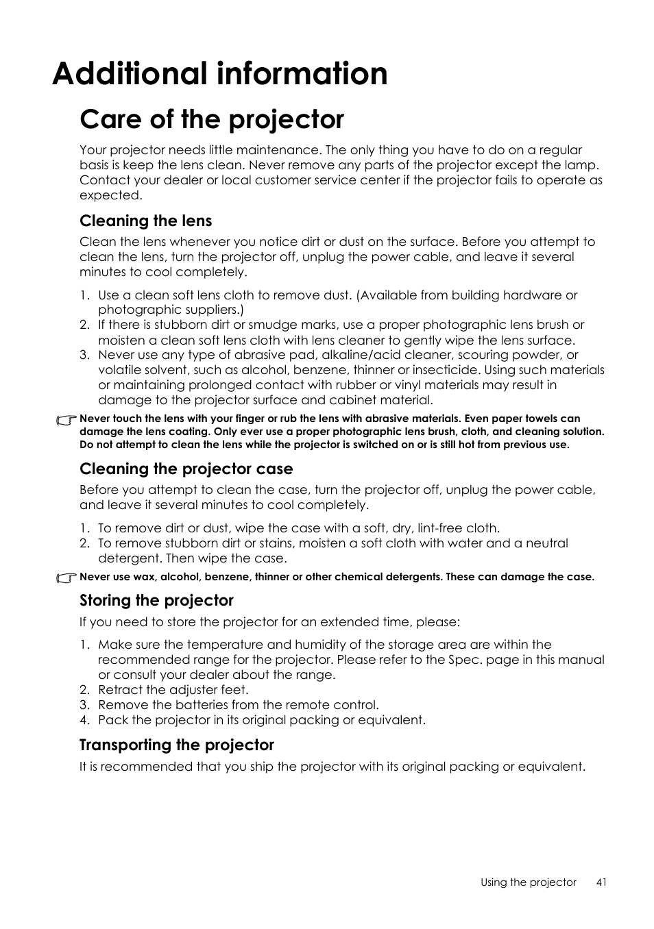 Care of the projector, Additional information | Sim2 Crystal User Manual | Page 41 / 51