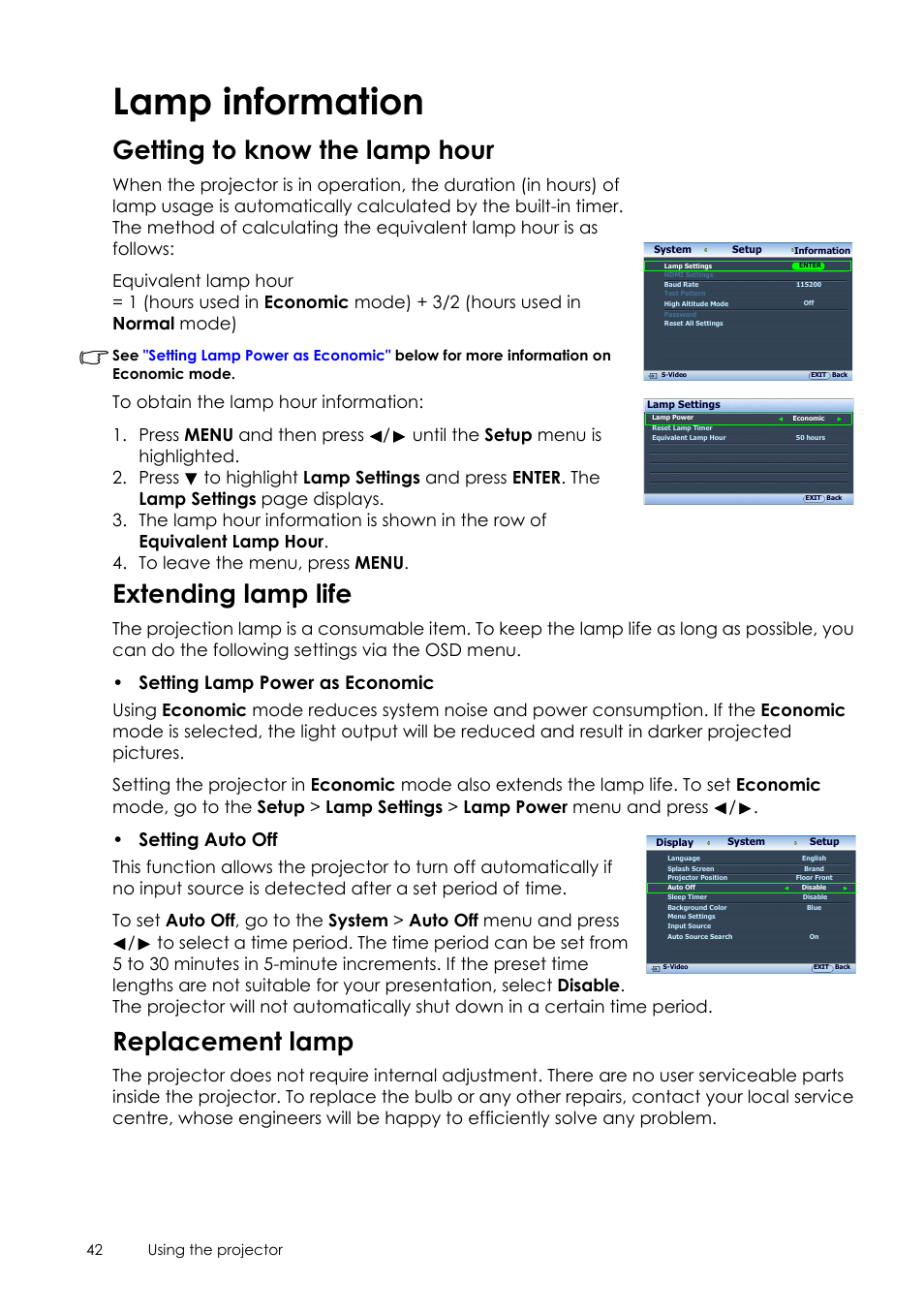 Lamp information, Getting to know the lamp hour, Extending lamp life | Replacement lamp, For det, Getting to know the lamp, Setting lamp power as economic, Setting auto off | Sim2 Crystal User Manual | Page 42 / 51