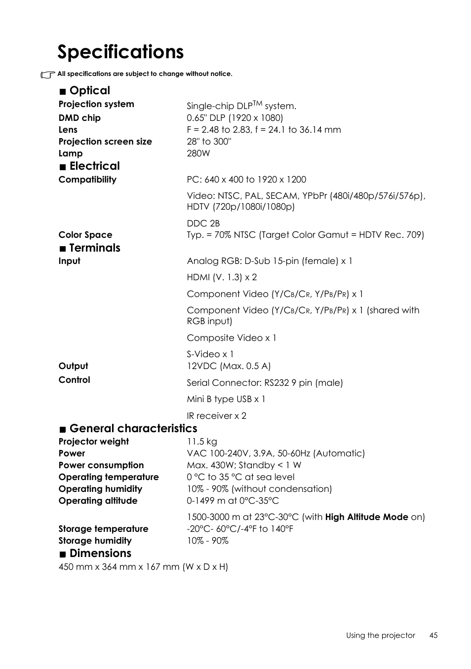 Specifications, Optical, Electrical | Terminals, General characteristics, Dimensions | Sim2 Crystal User Manual | Page 45 / 51