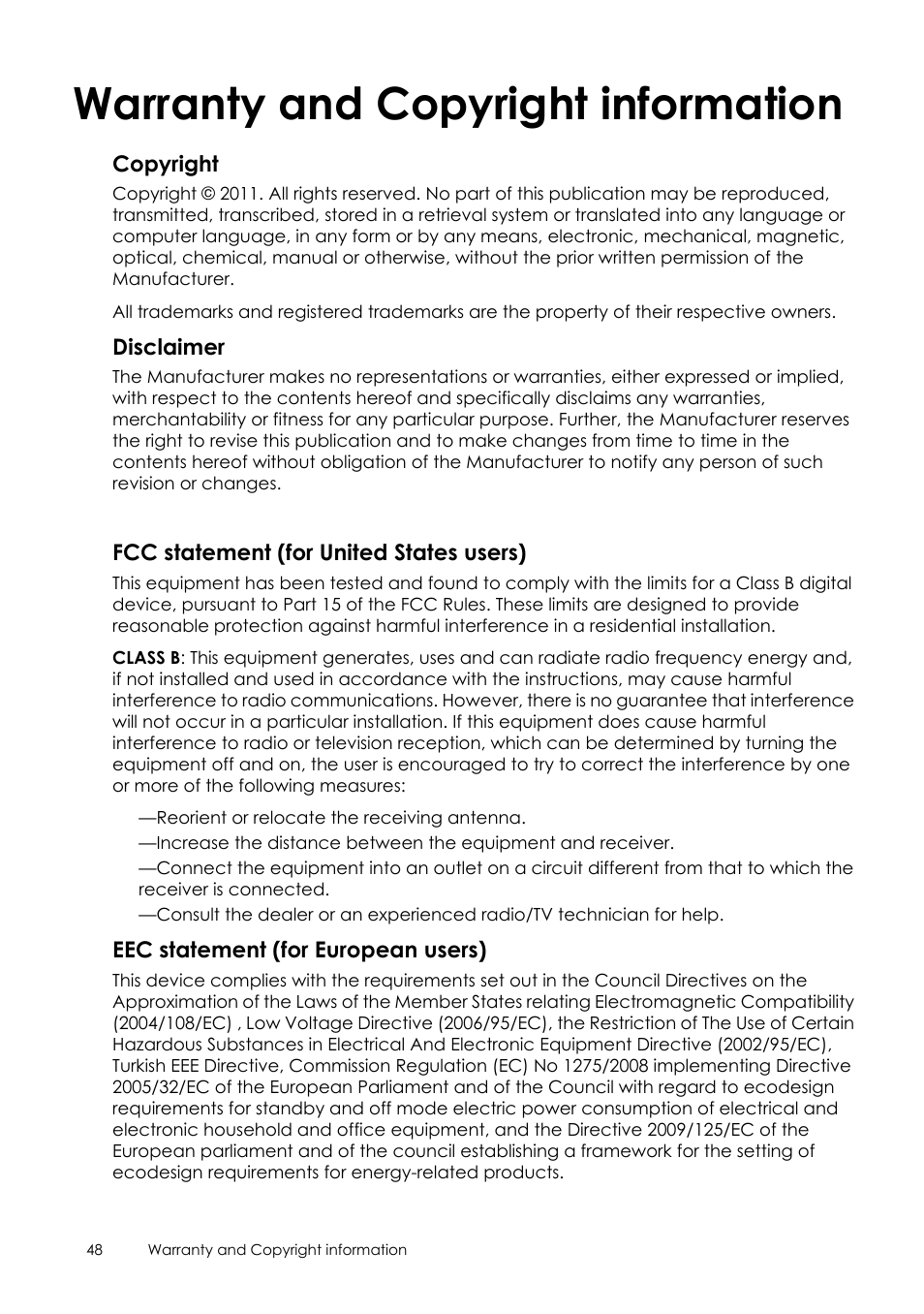 Warranty and copyright information, Warranty and copyright, Information | Sim2 Crystal User Manual | Page 48 / 51