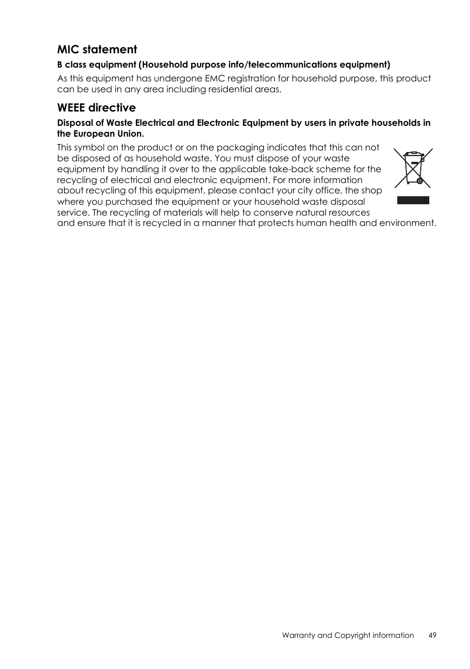 Mic statement, Weee directive | Sim2 Crystal User Manual | Page 49 / 51