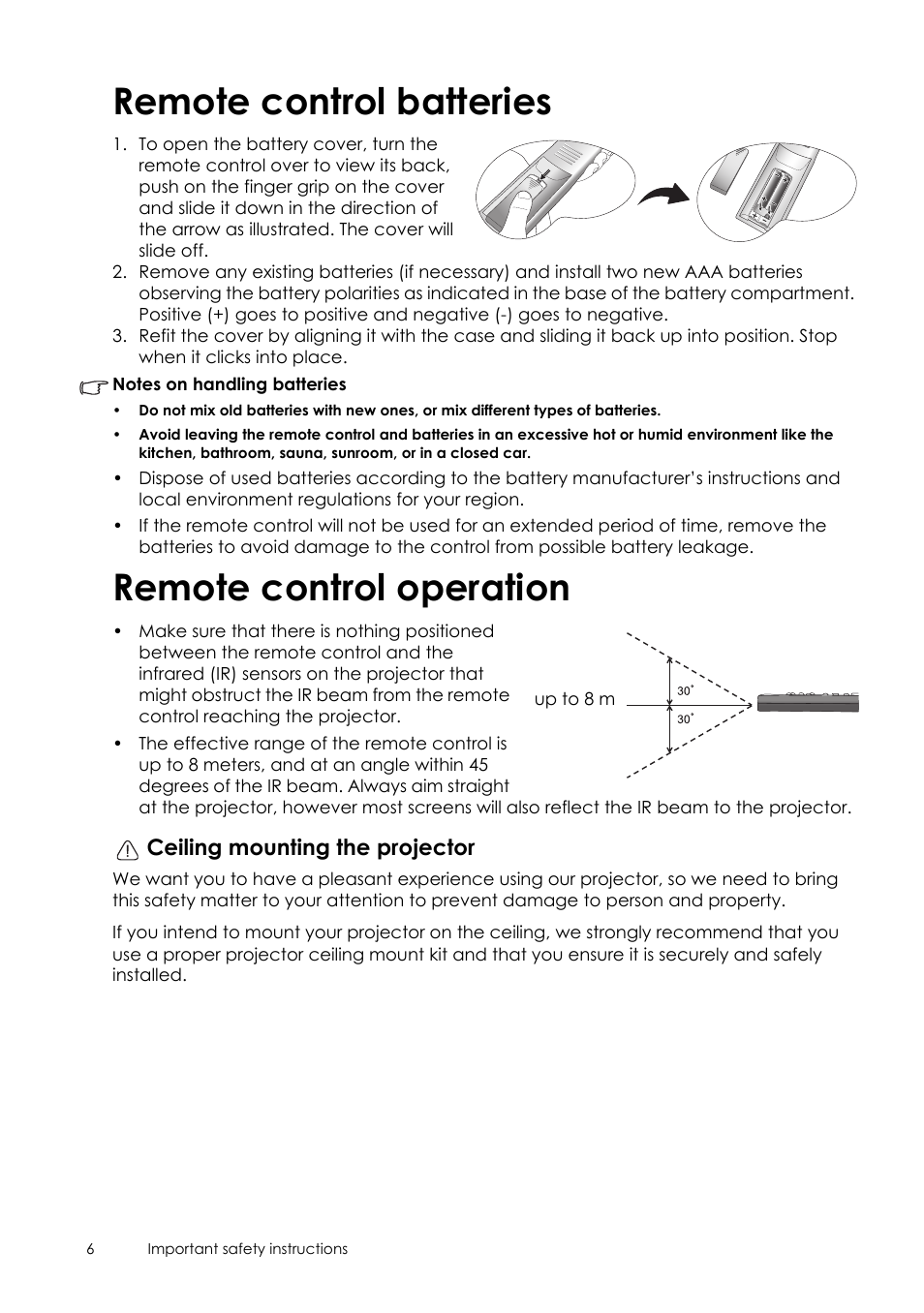 Remote control batteries, Remote control operation, Remote control batteries remote control operation | Sim2 Crystal User Manual | Page 6 / 51