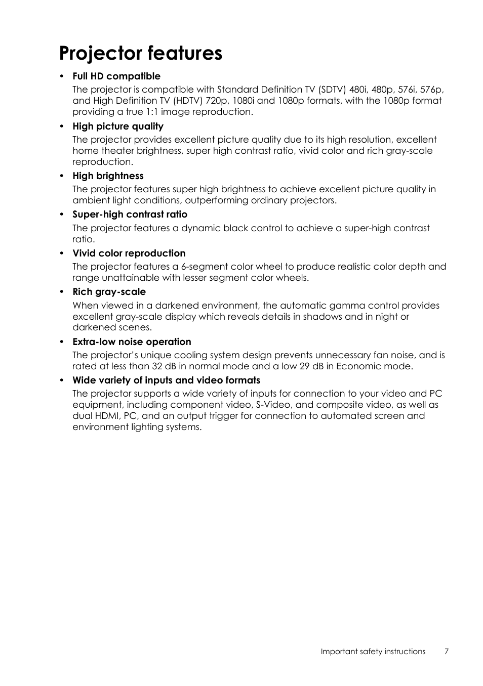 Projector features | Sim2 Crystal User Manual | Page 7 / 51