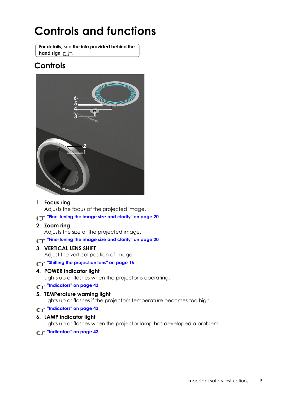 Controls and functions, Controls | Sim2 Crystal User Manual | Page 9 / 51