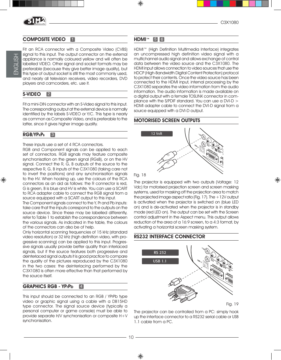 English, Hdmi, Composite video | S-video, Rgb/yp, Graphics rgb - yp, Motorised screen outputs, Rs232 interface connector | Sim2 C3X1080 User Manual | Page 11 / 29