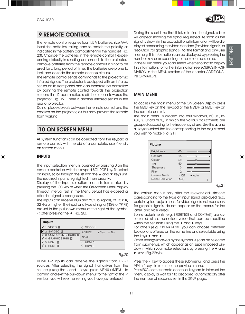 9 remote control, 10 on screen menu, English | Main menu, Inputs | Sim2 C3X1080 User Manual | Page 12 / 29