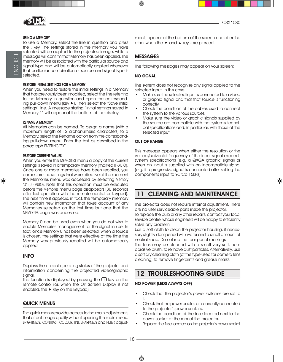 11 cleaning and maintenance, 12 troubleshooting guide, English | Sim2 C3X1080 User Manual | Page 19 / 29